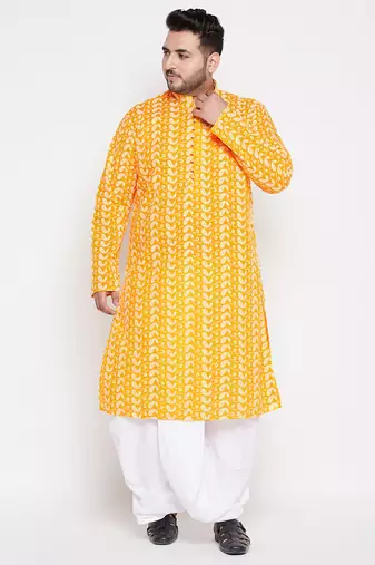 Men's orange and white pure cotton kurta and dhoti set