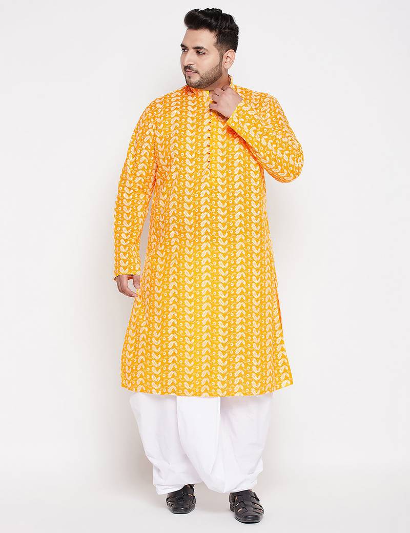 Men's orange and white pure cotton kurta and dhoti set