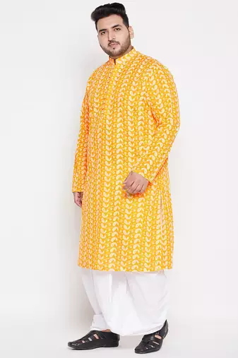 Men's orange and white pure cotton kurta and dhoti set