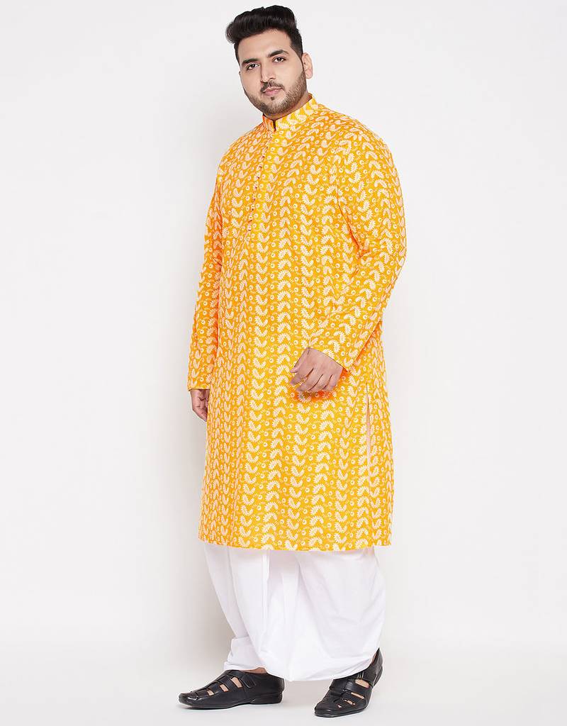 Men's orange and white pure cotton kurta and dhoti set