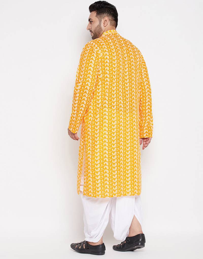 Men's orange and white pure cotton kurta and dhoti set