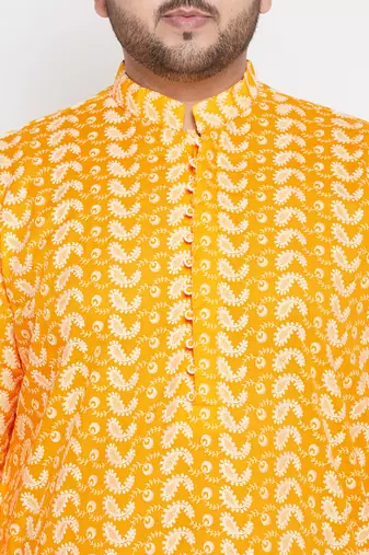 Men's orange and white pure cotton kurta and dhoti set