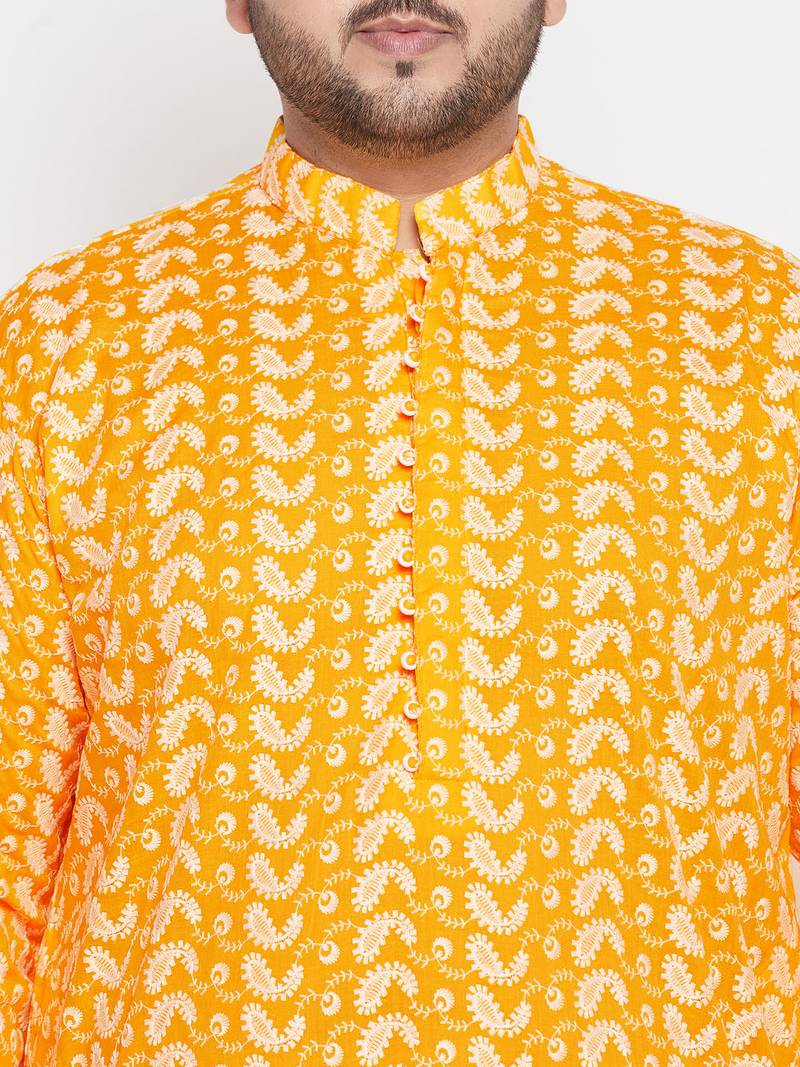 Men's orange and white pure cotton kurta and dhoti set