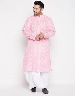 Men's pink and white pure cotton kurta and dhoti set 1