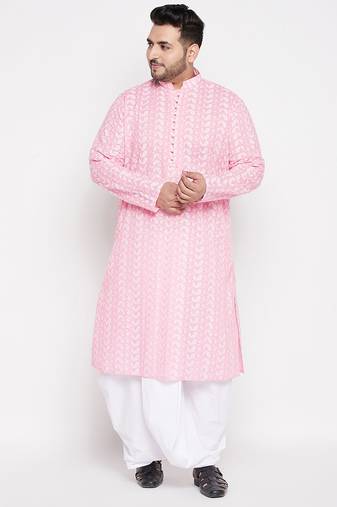 Men's pink and white pure cotton kurta and dhoti set