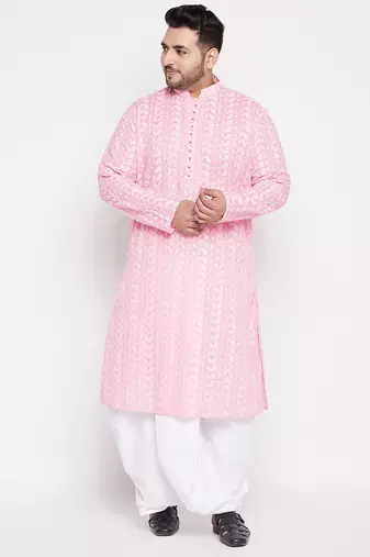 Men's pink and white pure cotton kurta and dhoti set