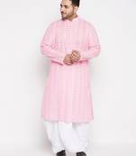 Men's pink and white pure cotton kurta and dhoti set