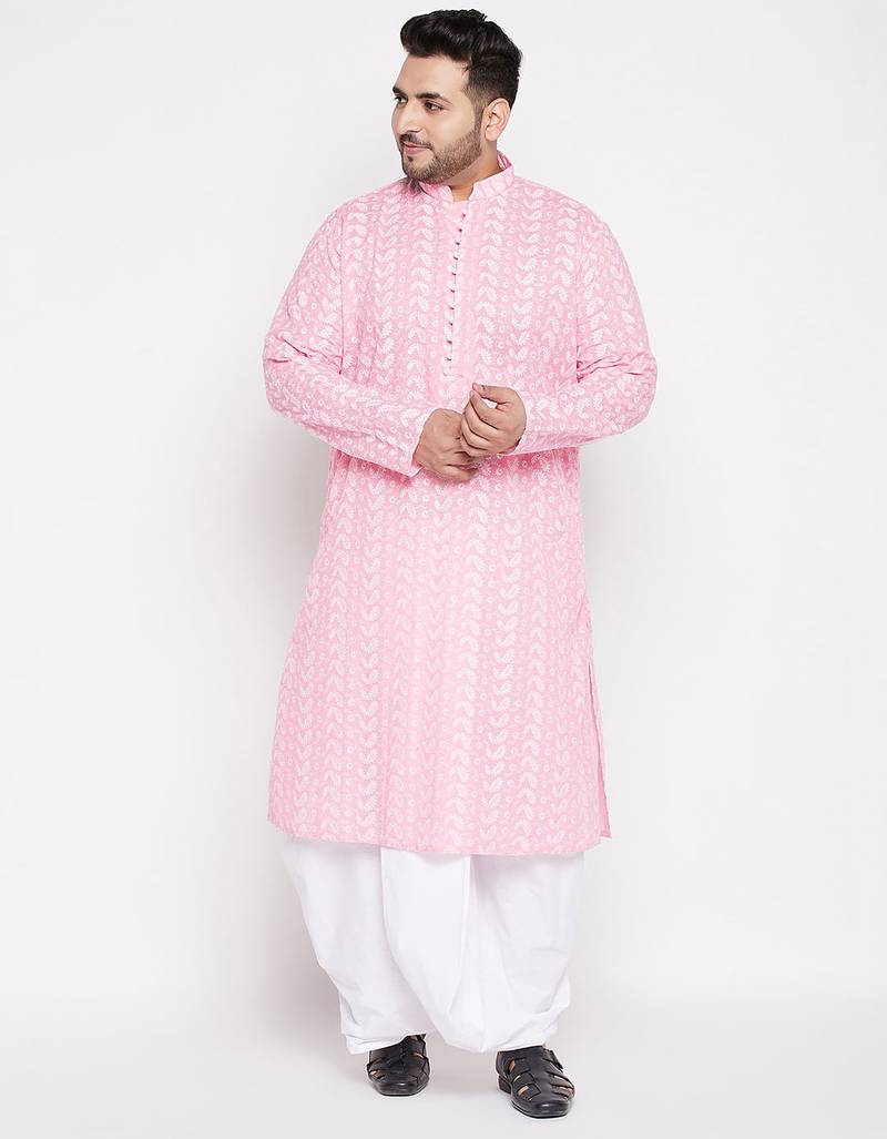 Men's pink and white pure cotton kurta and dhoti set