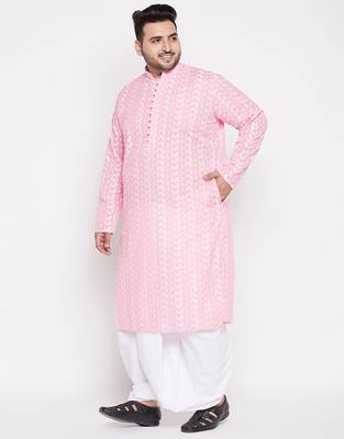 Men's pink and white pure cotton kurta and dhoti set 2