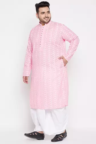 Men's pink and white pure cotton kurta and dhoti set