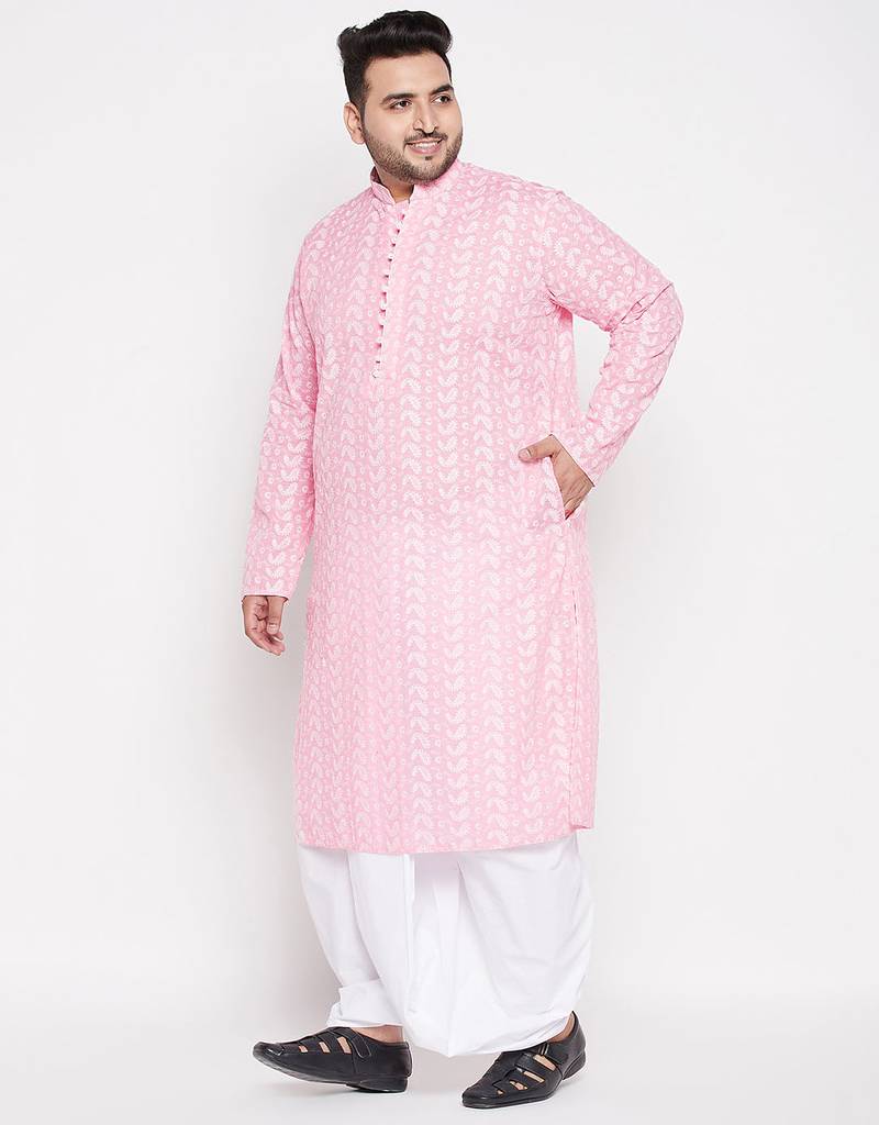 Men's pink and white pure cotton kurta and dhoti set