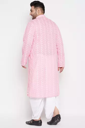 Men's pink and white pure cotton kurta and dhoti set