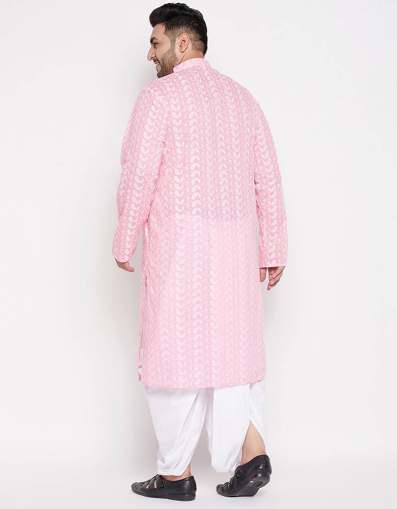 Men's pink and white pure cotton kurta and dhoti set