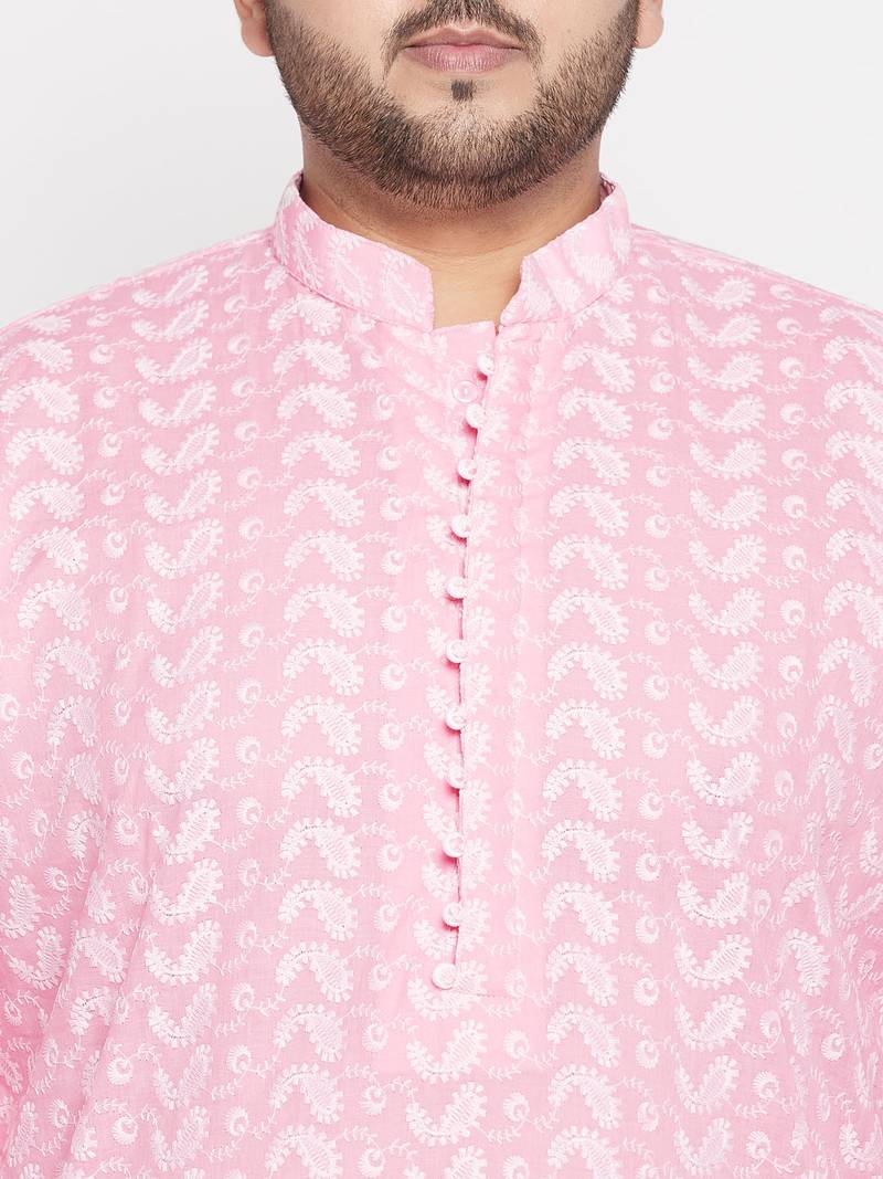 Men's pink and white pure cotton kurta and dhoti set