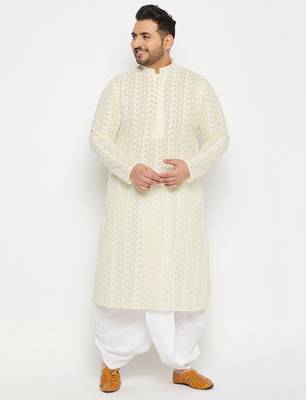 Men's yellow and white pure cotton kurta and dhoti set 1