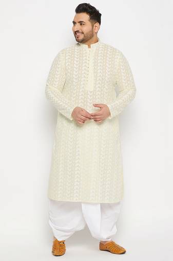 Men's yellow and white pure cotton kurta and dhoti set