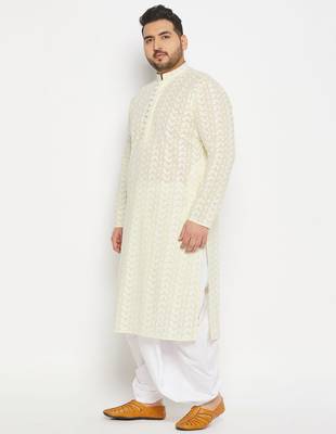 Men's yellow and white pure cotton kurta and dhoti set 2