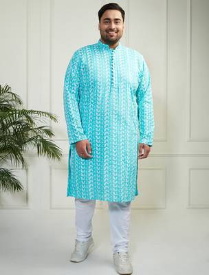 Men's Blue and white pure cotton kurta pyjama set 2