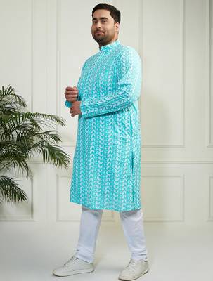 Men's Blue and white pure cotton kurta pyjama set 4