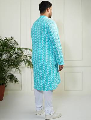 Men's Blue and white pure cotton kurta pyjama set 5