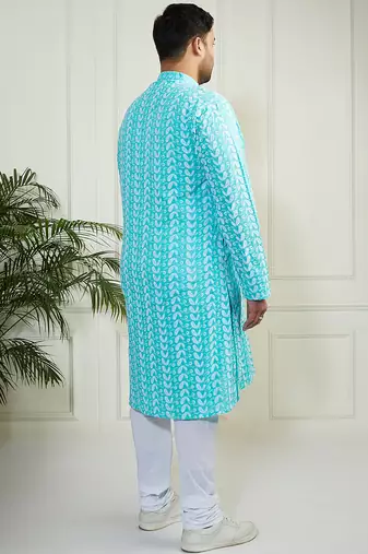 Men's Blue and white pure cotton kurta pyjama set