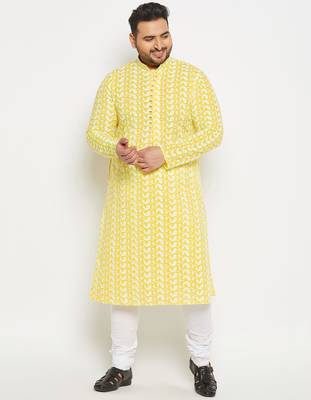 Men's mustard and white pure cotton kurta pyjama set 1
