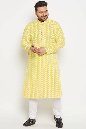 Men's mustard and white pure cotton kurta pyjama set