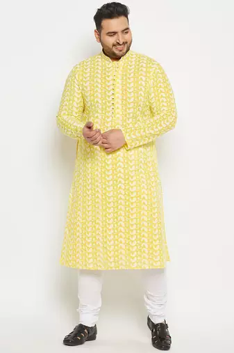 Men's mustard and white pure cotton kurta pyjama set