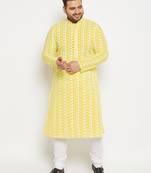 Men's mustard and white pure cotton kurta pyjama set