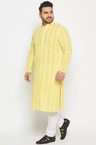 Men's mustard and white pure cotton kurta pyjama set