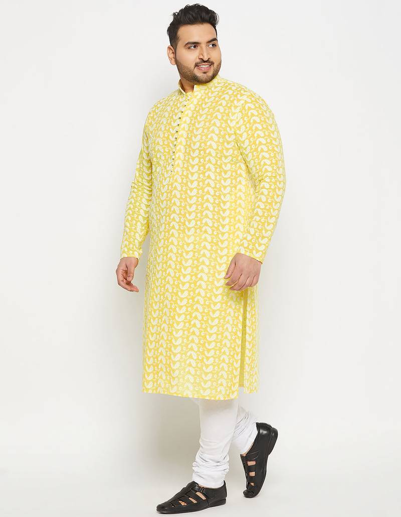 Men's mustard and white pure cotton kurta pyjama set