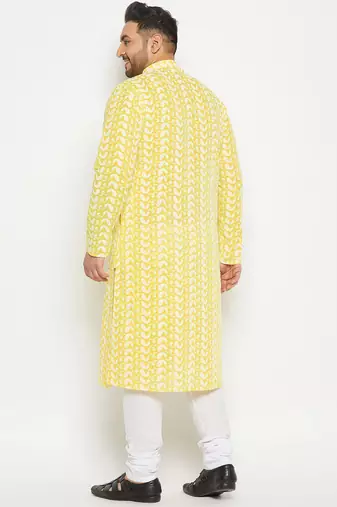 Men's mustard and white pure cotton kurta pyjama set