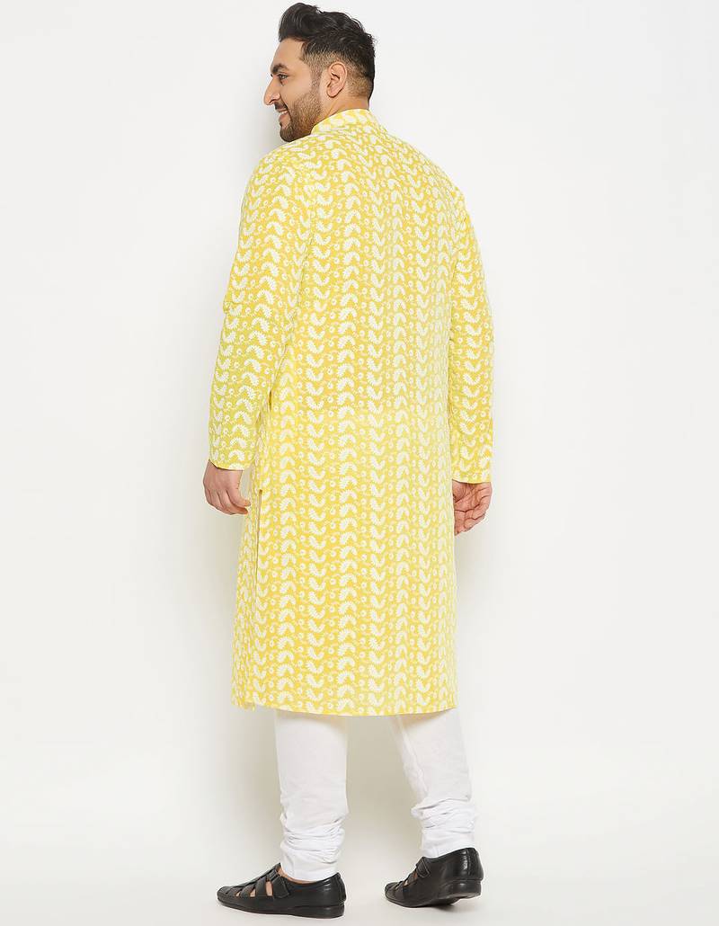 Men's mustard and white pure cotton kurta pyjama set
