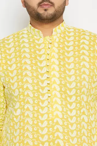 Men's mustard and white pure cotton kurta pyjama set