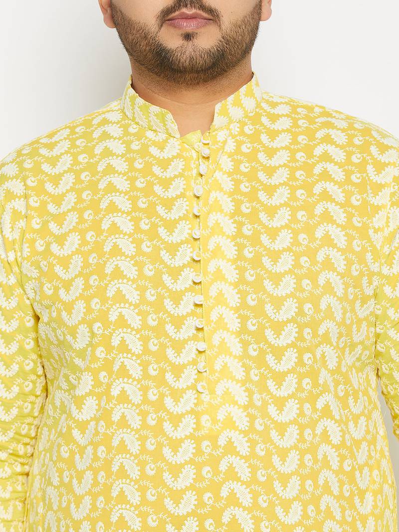 Men's mustard and white pure cotton kurta pyjama set