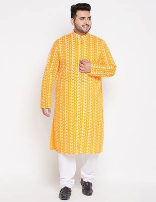 Men's orange and white pure cotton kurta pyjama set 1