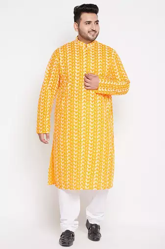 Men's orange and white pure cotton kurta pyjama set
