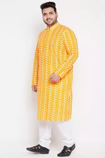 Men's orange and white pure cotton kurta pyjama set