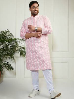 Men's pink and white pure cotton kurta pyjama set 1