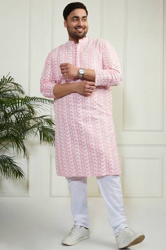Men's pink and white pure cotton kurta pyjama set