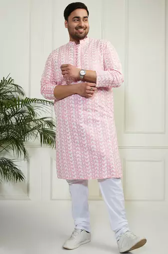 Men's pink and white pure cotton kurta pyjama set