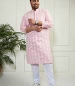 Men's pink and white pure cotton kurta pyjama set