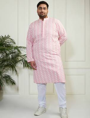 Men's pink and white pure cotton kurta pyjama set 2