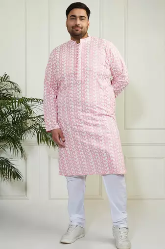 Men's pink and white pure cotton kurta pyjama set