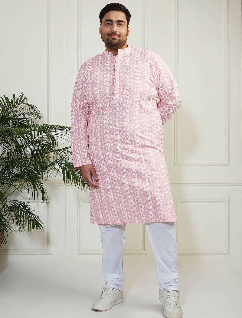 Men's pink and white pure cotton kurta pyjama set