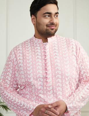 Men's pink and white pure cotton kurta pyjama set 3