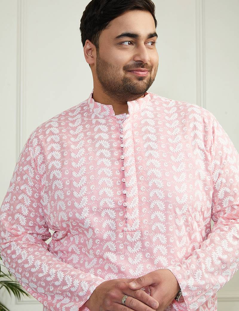 Men's pink and white pure cotton kurta pyjama set