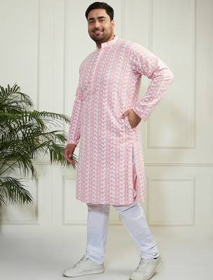Men's pink and white pure cotton kurta pyjama set 4