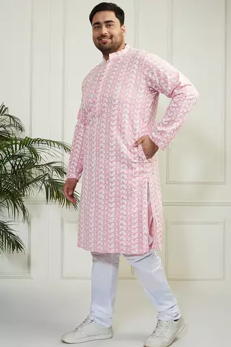 Men's pink and white pure cotton kurta pyjama set