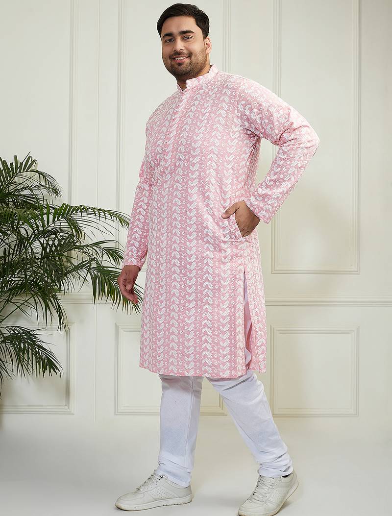 Men's pink and white pure cotton kurta pyjama set